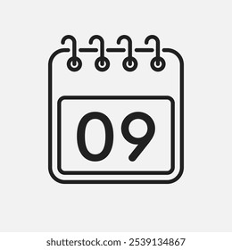 Minimal icon page calendar - number 9. Vector illustration day of the month. 9th day of month Sunday, Monday, Tuesday, Wednesday, Thursday, Friday, Saturday. Template for anniversary, reminder, plan