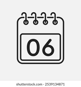 Minimal icon page calendar - number 6. Vector illustration day of the month. 6th day of month Sunday, Monday, Tuesday, Wednesday, Thursday, Friday, Saturday. Template for anniversary, reminder, plan