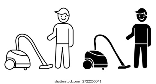 Ícone mínimo de uma pessoa usando um aspirador de pó. Ilustra a limpeza da casa, as tarefas domésticas, a higiene e a atividade de manutenção doméstica.