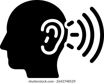 Ícone mínimo representando a escuta, apresentando uma cabeça humana com um ouvido ou ondas de som para simbolizar a atenção, comunicação ou recepção de áudio.