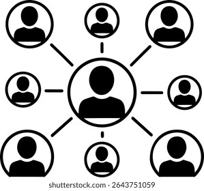 Minimal icon representing people connection, featuring multiple human figures linked by lines or nodes to symbolize networking, teamwork, or community.