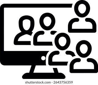 Ícone mínimo representando uma reunião virtual, com várias figuras de usuário em um computador ou layout de tela, simbolizando colaboração remota ou conferência online.


