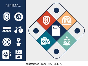  minimal icon set. 13 filled minimal icons. Simple modern icons about  - Gas can, Cards, Business card, Shield, Flower, Surf, Bike, Cat, Toad