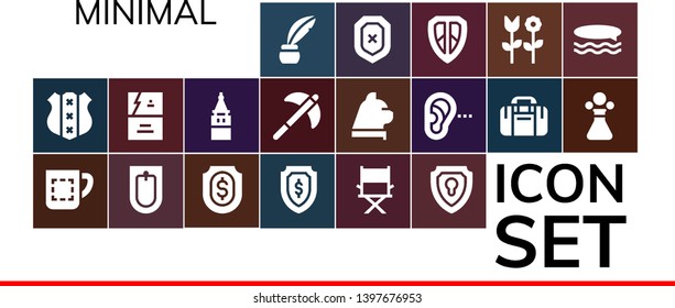 minimal icon set. 19 filled minimal icons.  Collection Of - Inkwell, Shield, Mug, Bidet, Director, Business card, Galata tower, Pick, Cat, Listening, Sport bag, Poison, Flower