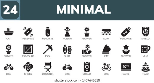 minimal icon set. 24 filled minimal icons.  Collection Of - Cat, Pendrive, Poison, Flower, Surf, Shield, Exposure, Pick, Mug, Bike, Director, Card, Toad