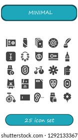  minimal icon set. 25 filled minimal icons. Simple modern icons about  - Card, Pendrive, Cards, Shield, Inkwell, Typing, Flower, Galata tower, Bike, Pattern design, Cat, Business card