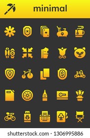 minimal icon set. 26 filled minimal icons.  Collection Of - Flower, Pick, Shield, Cards, Bike, Mug, Surf, Minimize, Pattern design, Cat, Tandem, Gas can, Galata tower, Card, Pendrive