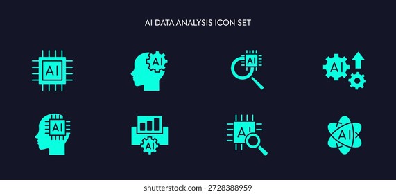 Conjunto mínimo de ícones de análise de dados de IA ícones vetores, incluindo microchips de processador, pesquisa analítica, analisar com IA, algoritmo de automação de inteligência artificial de semicondutor, ícones AGI de Big data.