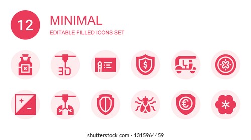 minimal icon set. Collection of 12 filled minimal icons included Poison, d printer, Business card, Shield, Tuk tuk, Exposure, Fly, Flower