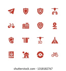 minimal icon set. Collection of 16 filled minimal icons included Bike, Shield, Kindergarden, d printer, Tipi, Card, Flower, Fax, Telegram