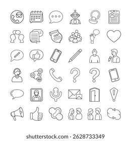 Minimal line‑art icon set depicting modern communication, messages, calls, chat bubbles, devices, support, feedback, and collaboration symbols