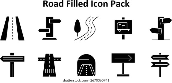 Minimal icon set featuring 10 Solid Filled icons based on Road. Ideal for dashboards and mobile design.