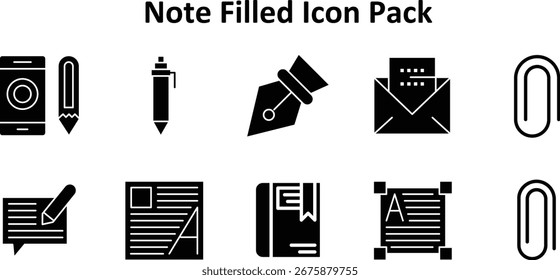 Conjunto de iconos mínimo con 10 iconos rellenos sólidos basados en Note. Ideal para cuadros de mando y diseño móvil.