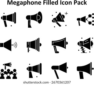 Minimal icon set featuring 12 Solid Filled icons based on Megaphone. Ideal for dashboards and mobile design.