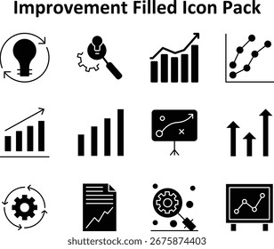 Minimal icon set featuring 12 Solid Filled icons based on Improvement. Ideal for dashboards and mobile design.