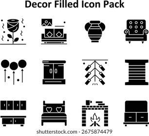 Conjunto mínimo de ícones com 12 ícones preenchidos com base em Decor. Ideal para painéis e design móvel.
