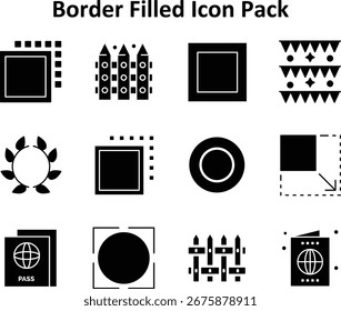 Conjunto mínimo de ícones com 12 ícones com preenchimento sólido baseado em Borda. Ideal para painéis e design móvel.