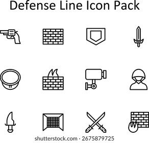 Conjunto mínimo de ícones com 12 ícones de linha com base em Defesa. Ideal para painéis e design móvel.