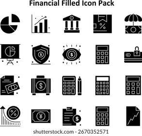 Conjunto de iconos mínimo con 20 iconos de relleno sólido basado en financiero. Ideal para cuadros de mando y diseño móvil.
