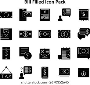 Conjunto de iconos mínimo con 20 iconos rellenos sólidos basados en Bill. Ideal para cuadros de mando y diseño móvil.