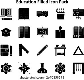 Conjunto mínimo de ícones com 20 ícones preenchidos com base em Educação. Ideal para painéis e design móvel.