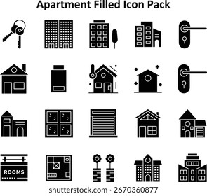 Minimal icon set featuring 20 Solid Filled icons based on Apartment. Ideal for dashboards and mobile design.