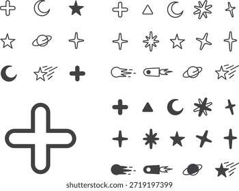 Un conjunto de iconos de estilo minimalista dibujado a mano inspirado en símbolos celestes y geométricos.
La colección cuenta con signos, estrellas, lunas, triángulos, planetas, cometas y Formas similares a chispas, todas representadas con contornos suaves y una sensación juguetona y orgánica.
Su diseño monocromo limpio lo hace adecuado para la marca moderna, Elementos de interfaz de usuario, gráficos decorativos y acentos visuales caprichosos.