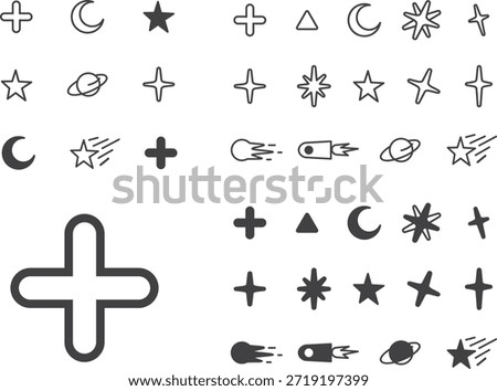 A minimal, hand-drawn–style icon set inspired by celestial and geometric symbols.
The collection features plus signs, stars, moons, triangles, planets, comets, and spark-like shapes, all rendered with soft outlines and a playful, organic feel.
Its clean monochrome design makes it suitable for modern branding, UI elements, decorative graphics, and whimsical visual accents.