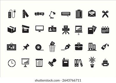 Minimal icon set of office and business tools, including workspace tools, presentation tools, folders, books and  notes. These icons best for presentation, businesses design, and infographic element.
