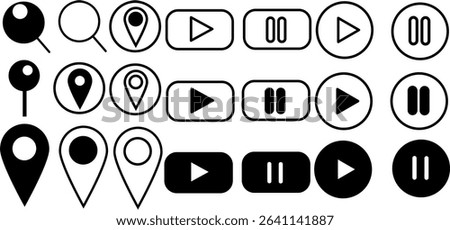 Minimal icon set of play, pause, map pin and location symbols in various styles.