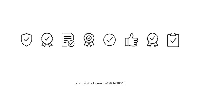 Minimal icon set representing certification, approval, and quality assurance symbols.
