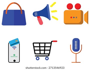 Minimal icon set representing live shopping, real time product showcasing, mobile commerce, and social selling activity