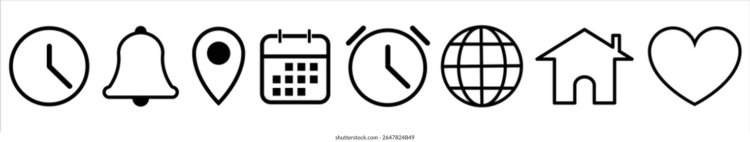 minimal icon set with  time, address pin, date, notification bell, alarm clock, internet globe home and heart . Perfect for UI design, reminders, navigation, schedules, alerts and digital interfaces. 