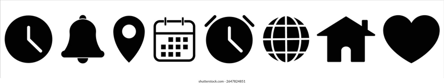 minimal icon set with  time, address pin, date, notification bell, alarm clock, internet globe home and heart . Perfect for UI design, reminders, navigation, schedules, alerts and digital interfaces. 
