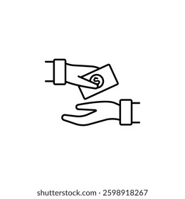 Minimal icon showing a hand giving money to another, symbolizing financial transaction.