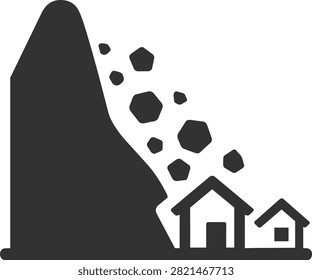 Minimal icon showing a mountainside with falling rocks toward houses to represent landslides and slope failures.
