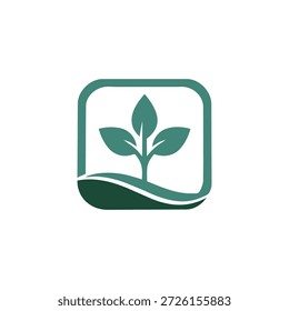 Icono mínimo de una planta de tres hojas en una base curva dentro de un cuadrado redondeado que simboliza la naturaleza y la vida sostenible