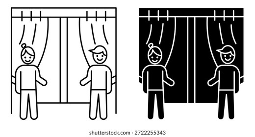 Icono mínimo de dos personas de pie delante de las cortinas. Representa la presentación, la representación escénica, la apertura del evento y la aparición pública.