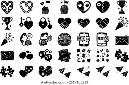 Minimal icons of gifts cards and friendship themes to celebrate togetherness on a white background