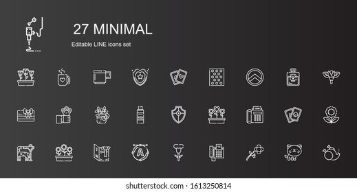 minimal icons set. Collection of minimal with flower, fax, font, card, flowers, giraffe, shield, pendrive, bubble warp, cards, without, cat. Editable and scalable minimal icons.