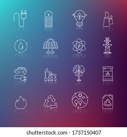 Minimal icons. Vector icons. Image of different energies and care of the planet. Recycling, green world, reusable and biodegradable. Line icons