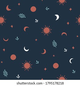 Minimal illustrated pattern of celestial elements like moon, sun and stars and leaf. Boho inspired print in  navy background