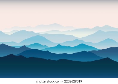 Minimal illustration of beautiful dark blue mountain landscape with fog sunrise and sunset in bright sky nature. 