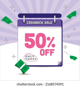 minimal illustration of calendar 50 percent off written on it, currency flying around cash back concept