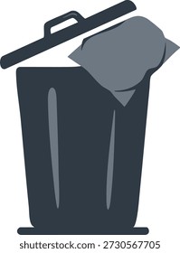 Minimal illustration of a dark trash bin with a lid slightly open and a cloth draped over it