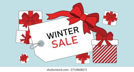Una ilustración mínima con una Grande etiqueta de Precio blanco con un lazo rojo y el texto "VENTA DE INVIERNO", rodeado de múltiples cajas de regalo de Navidad. Este gráfico de Vector limpio es perfecto para Anuncios de promoción de compras navideñas y publicidad de temporada.