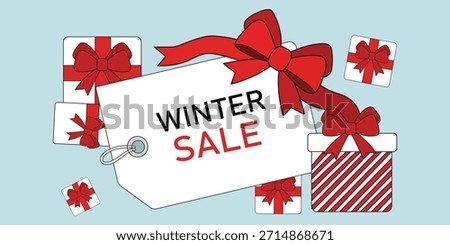 A minimal illustration featuring a large white price tag with a red bow and the 