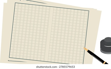 Minimal illustration featuring partially visible Japanese manuscript paper (genkou yoshi), a fountain pen, and an ink bottle with copy space. Ideal for writing, literature, education, stationery, editorial, and creative background designs.