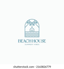 Minimal illustration of front beach house with waves and sun linear style villa, hotel, resort logo design concept. Vector illustration 