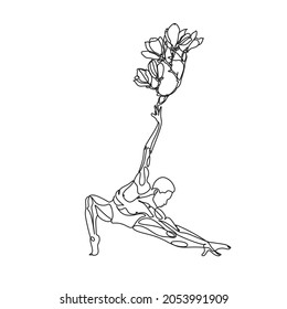 Minimal illustration of male dancer. Surreal line art modern man with magnolia frower growing from him. Contemporary art. Young flexible athletic men with flowers. Dancer school logo